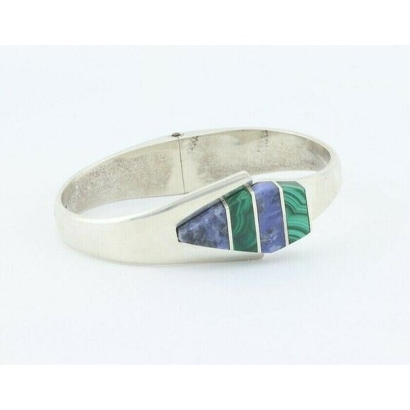 Sterling Silver Malachite and Sodalite Cuff Bracelet 7 inch Opens and Closes - Picture 4 of 8